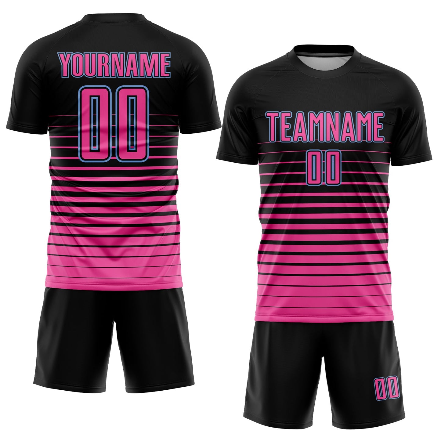Custom Black Pink-Light Blue Pinstripe Fade Fashion Sublimation Soccer Uniform Jersey view 2