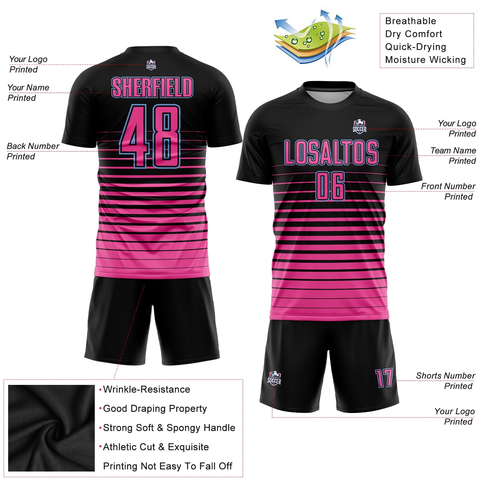Custom Black Pink-Light Blue Pinstripe Fade Fashion Sublimation Soccer Uniform Jersey view 3