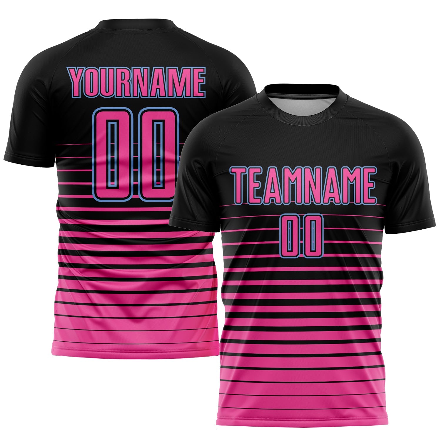 Custom Black Pink-Light Blue Pinstripe Fade Fashion Sublimation Soccer Uniform Jersey - Main View