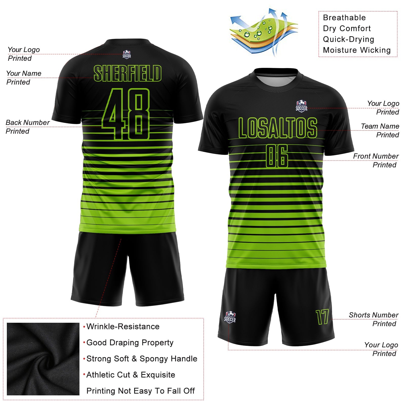 Custom Black Neon Green Pinstripe Fade Fashion Sublimation Soccer Uniform Jersey view 3