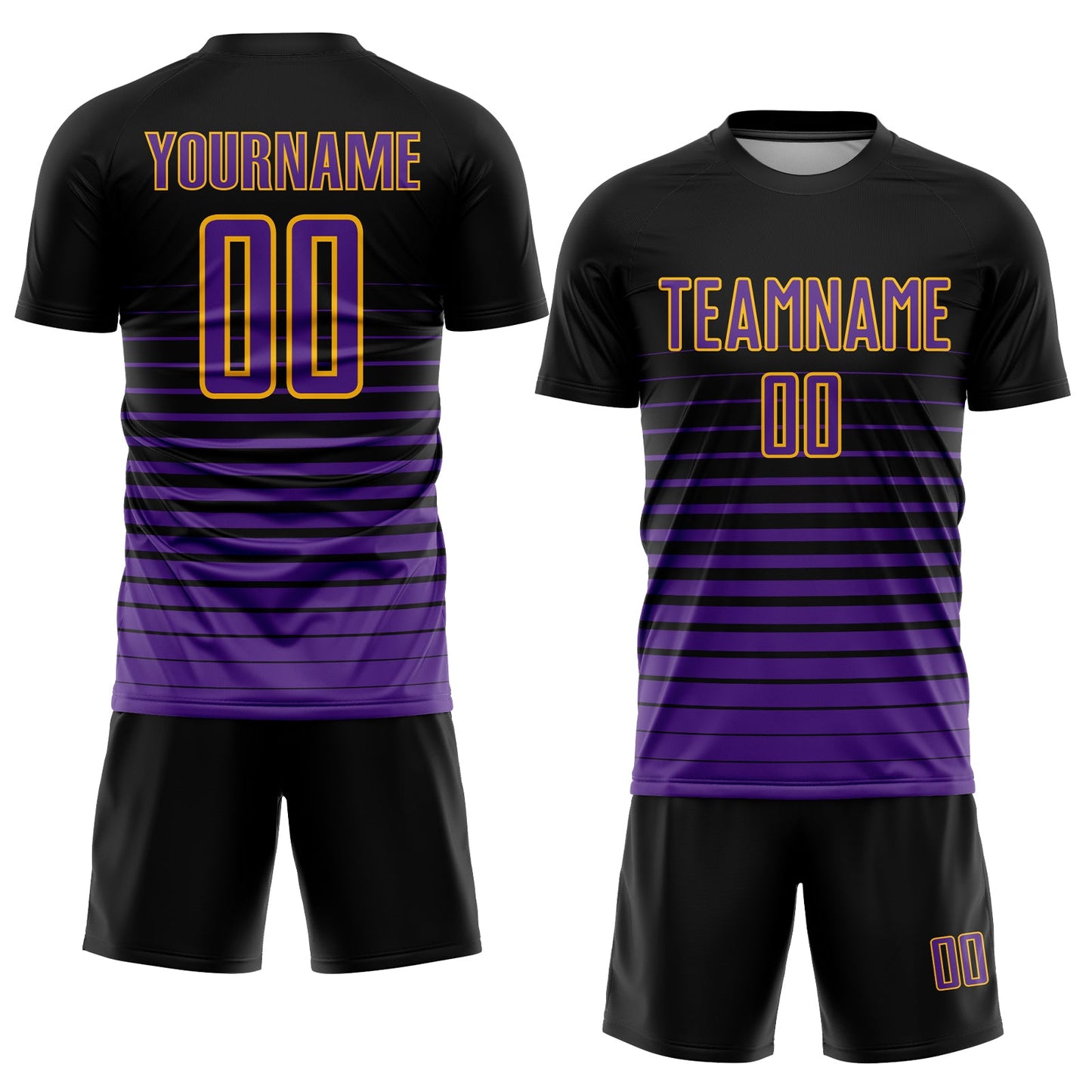 Custom Black Purple-Gold Pinstripe Fade Fashion Sublimation Soccer Uniform Jersey view 2