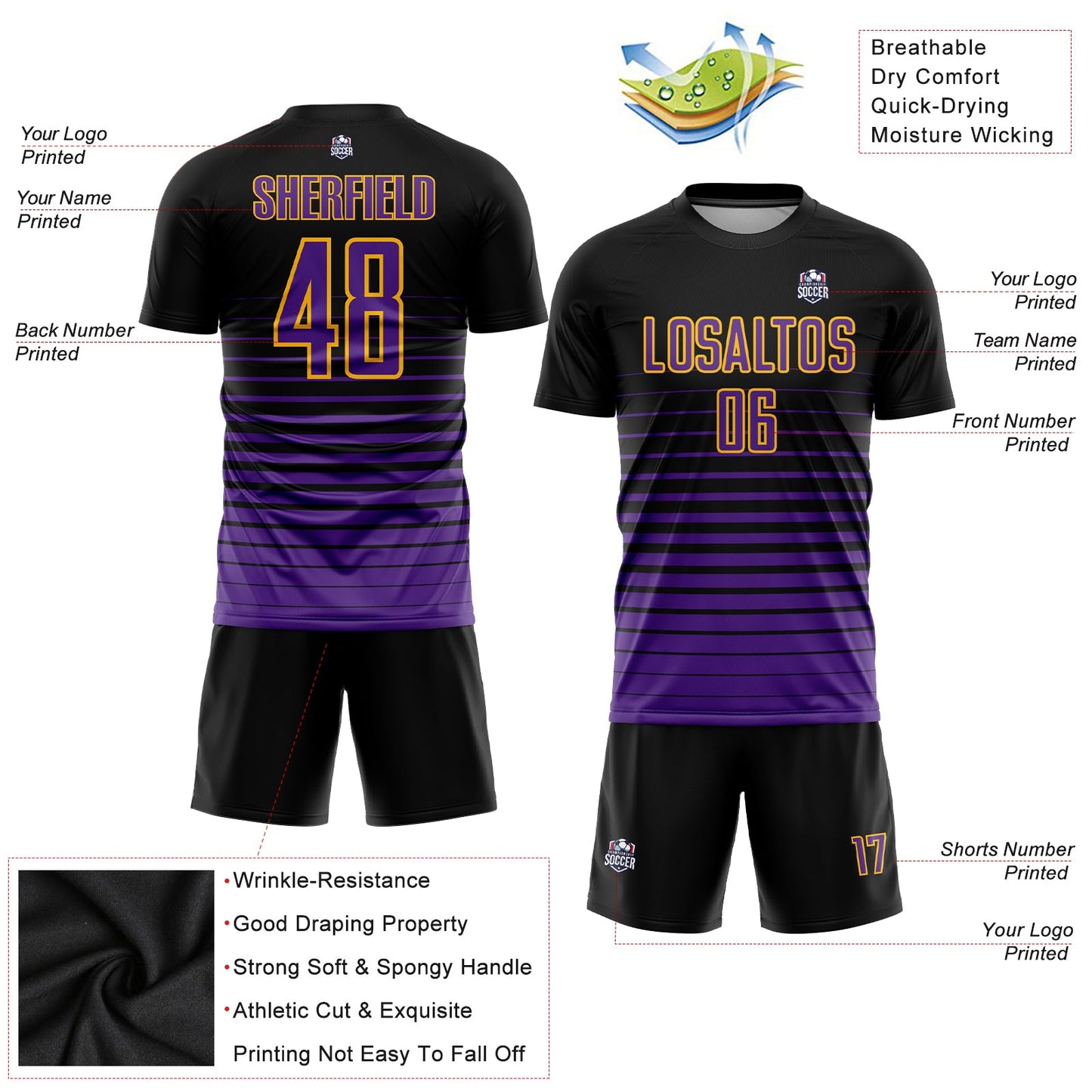Custom Black Purple-Gold Pinstripe Fade Fashion Sublimation Soccer Uniform Jersey view 3