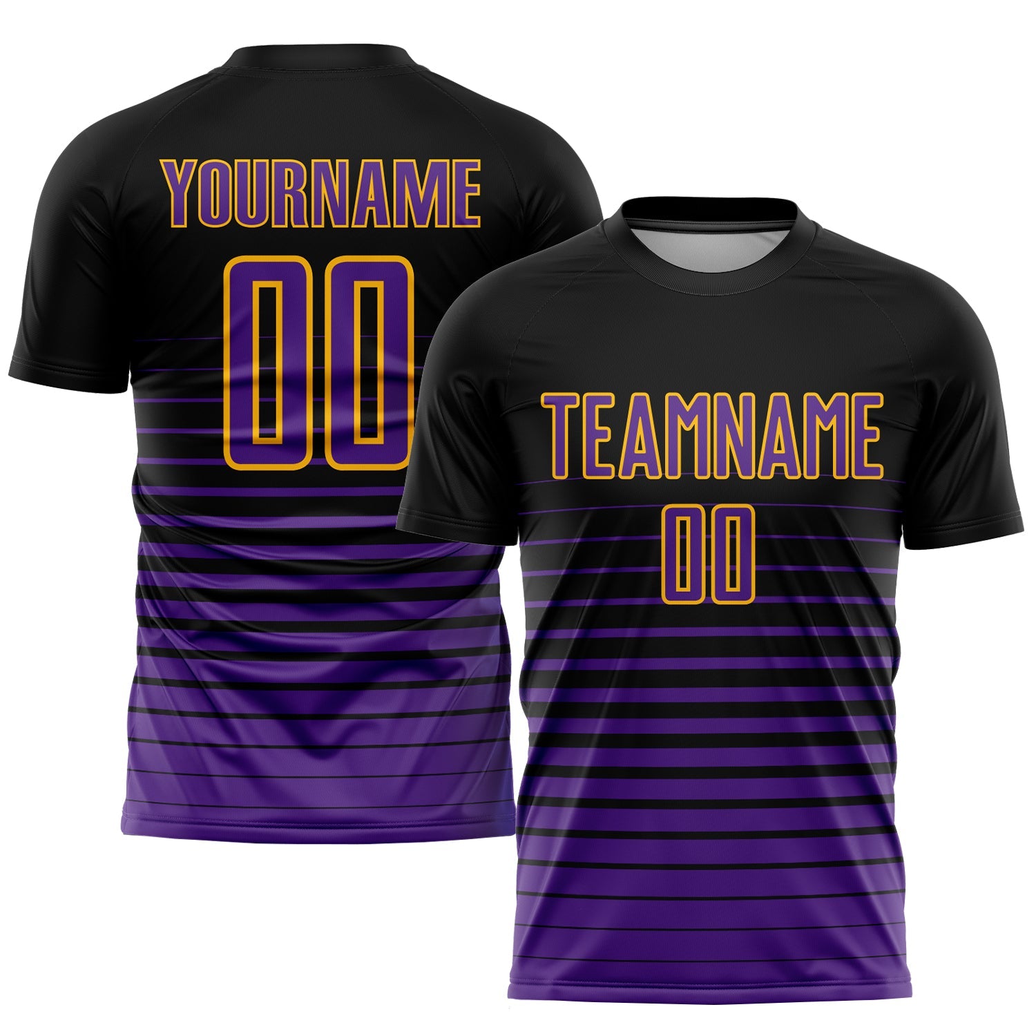 Custom Black Purple-Gold Pinstripe Fade Fashion Sublimation Soccer Uniform Jersey - Main View