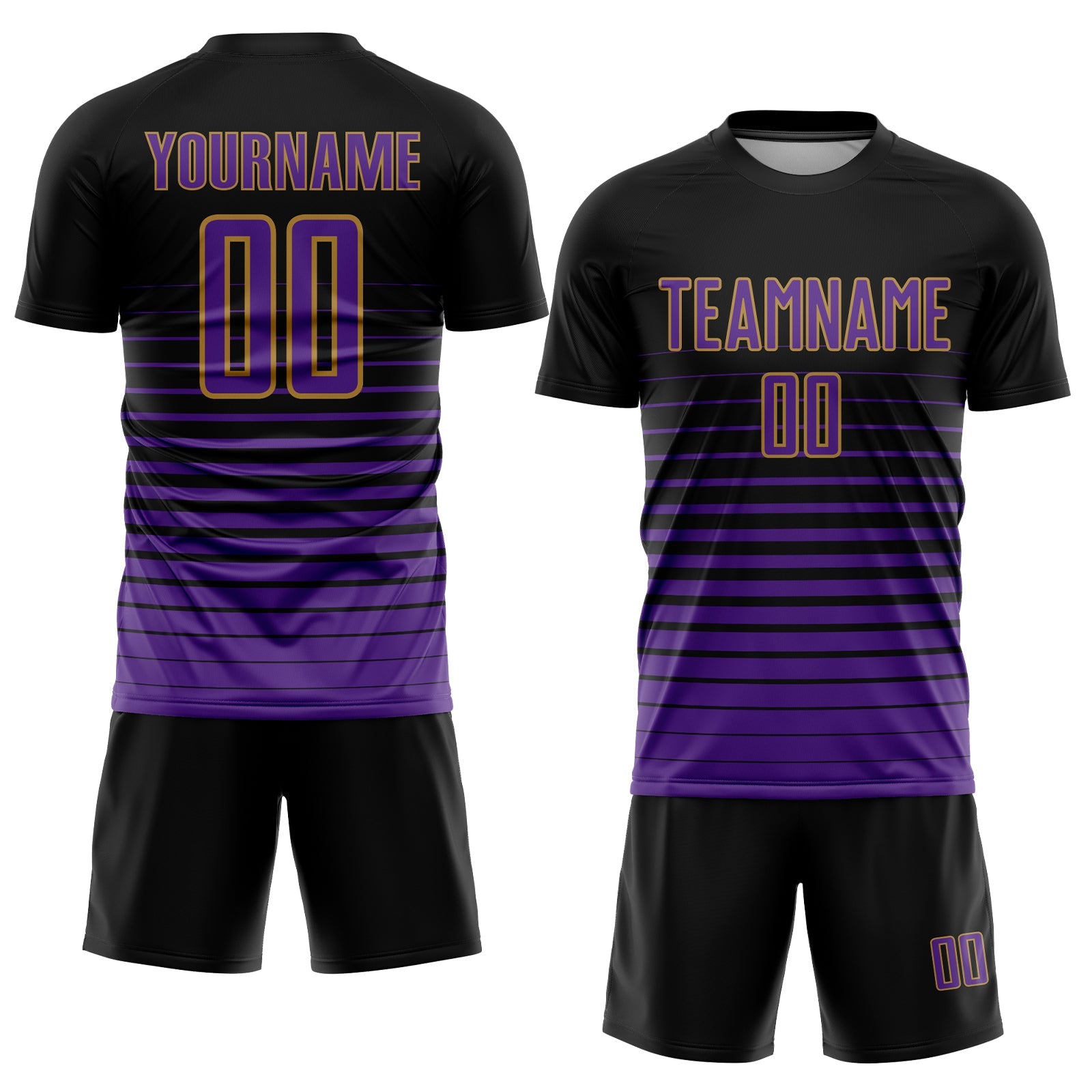 Custom Black Purple-Old Gold Pinstripe Fade Fashion Sublimation Soccer Uniform Jersey view 2