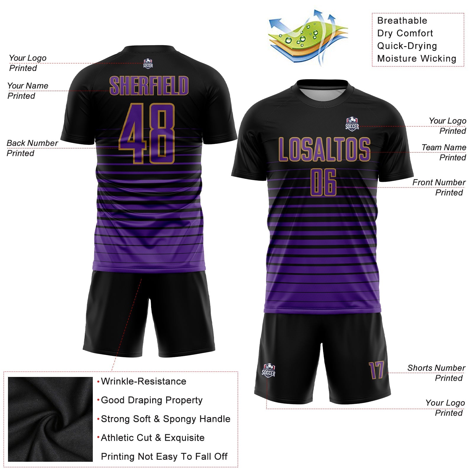 Custom Black Purple-Old Gold Pinstripe Fade Fashion Sublimation Soccer Uniform Jersey view 3