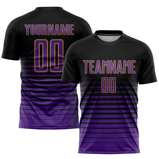 Custom Black Purple-Old Gold Pinstripe Fade Fashion Sublimation Soccer Uniform Jersey - Main View