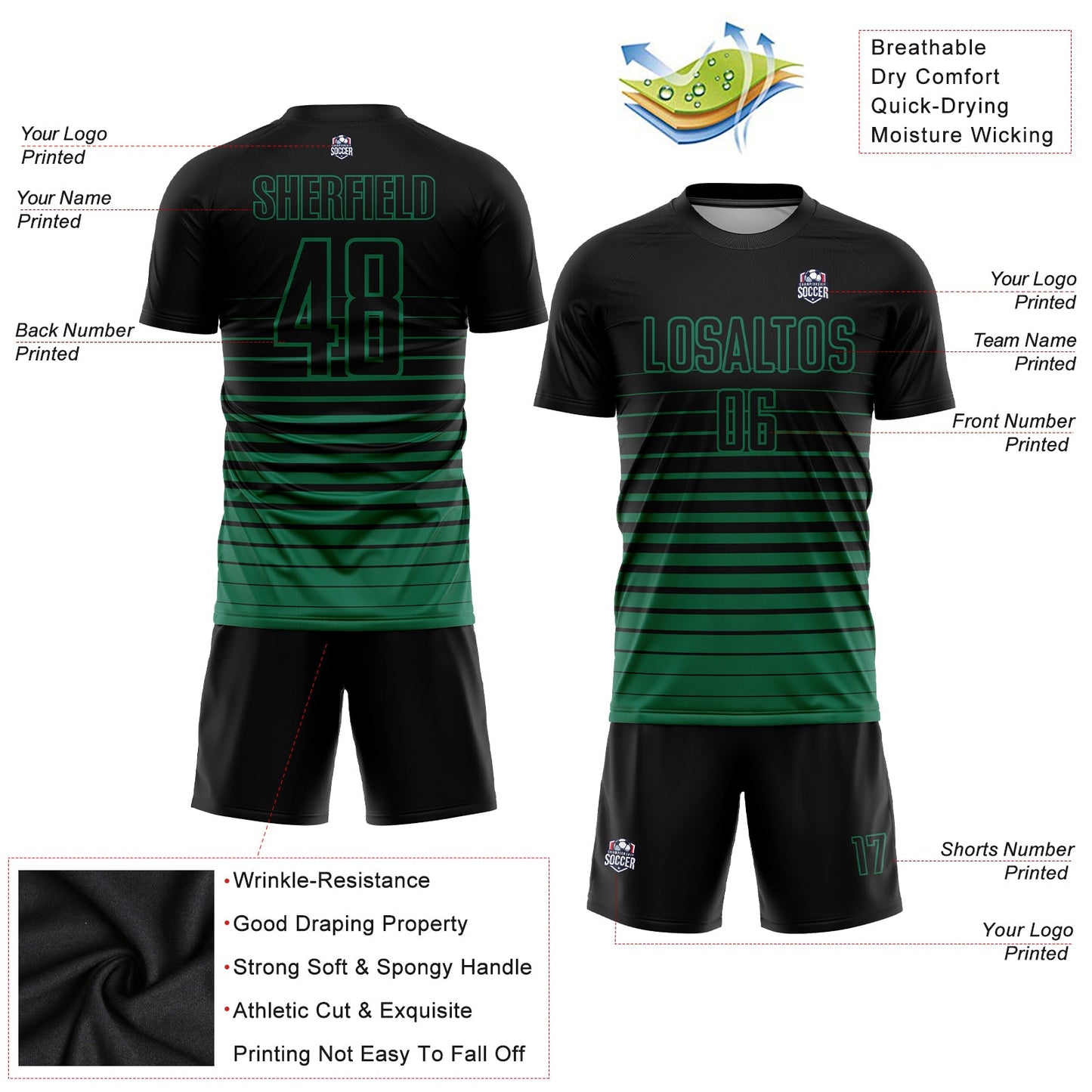 Custom Black Kelly Green Pinstripe Fade Fashion Sublimation Soccer Uniform Jersey view 3