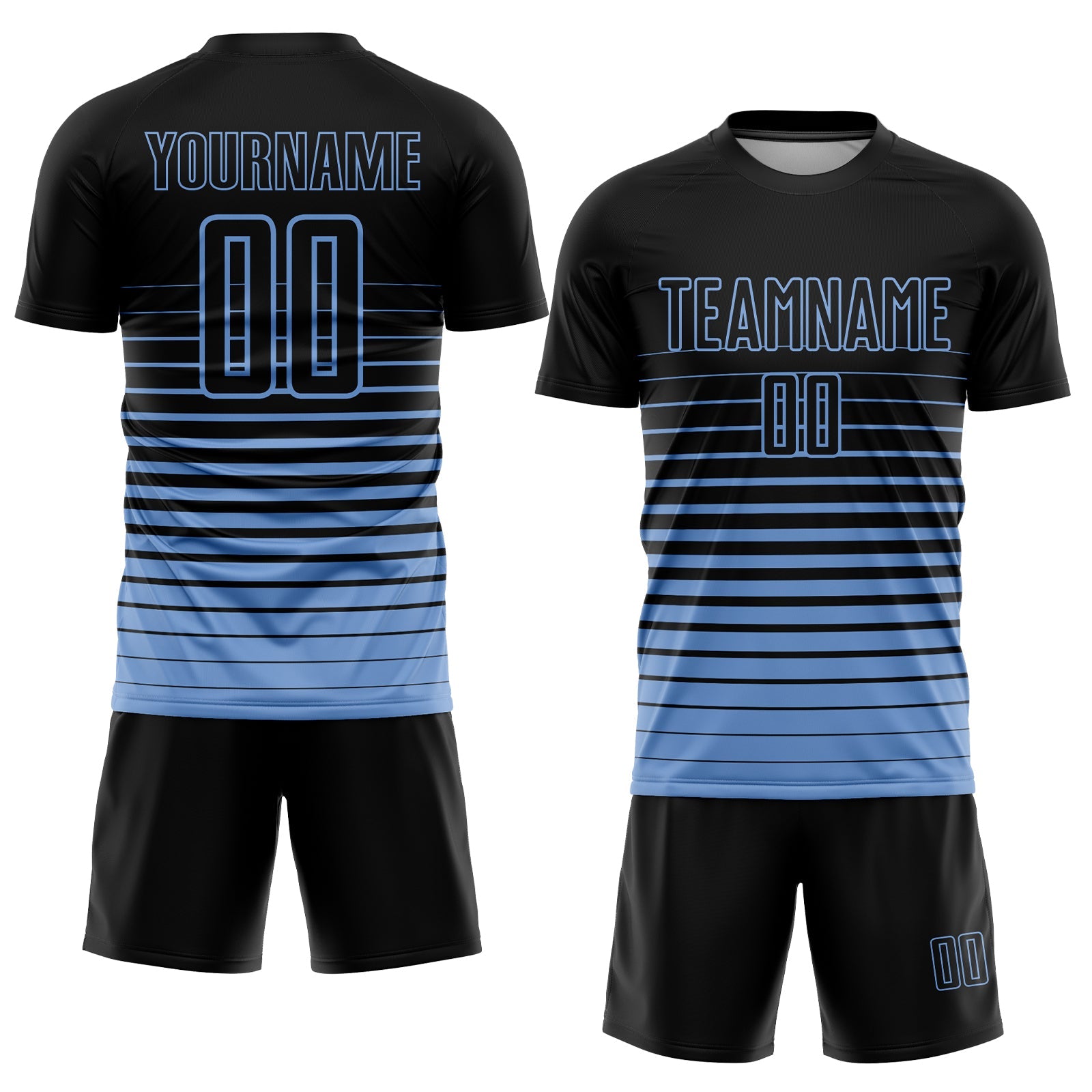 Custom Black Light Blue Pinstripe Fade Fashion Sublimation Soccer Uniform Jersey view 2