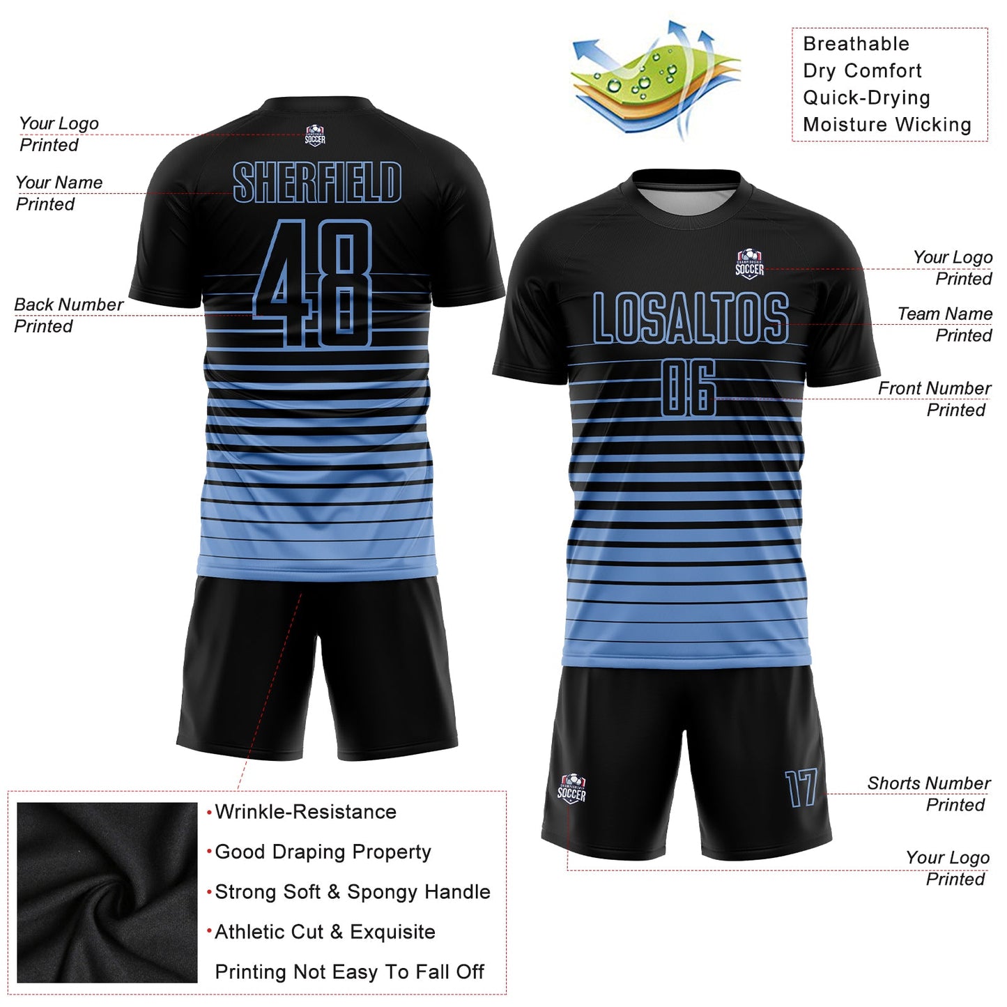 Custom Black Light Blue Pinstripe Fade Fashion Sublimation Soccer Uniform Jersey view 3