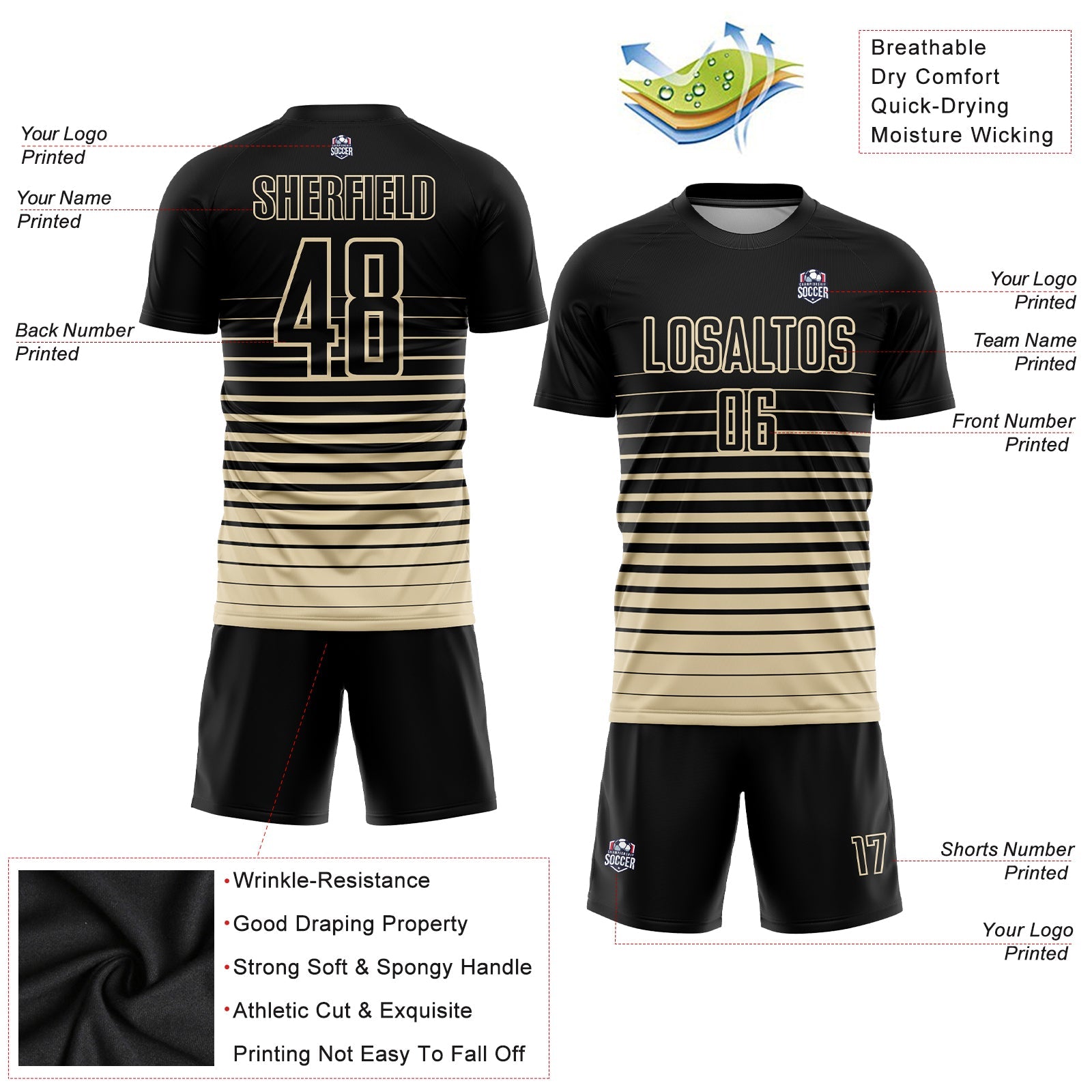 Custom Black Cream Pinstripe Fade Fashion Sublimation Soccer Uniform Jersey view 3