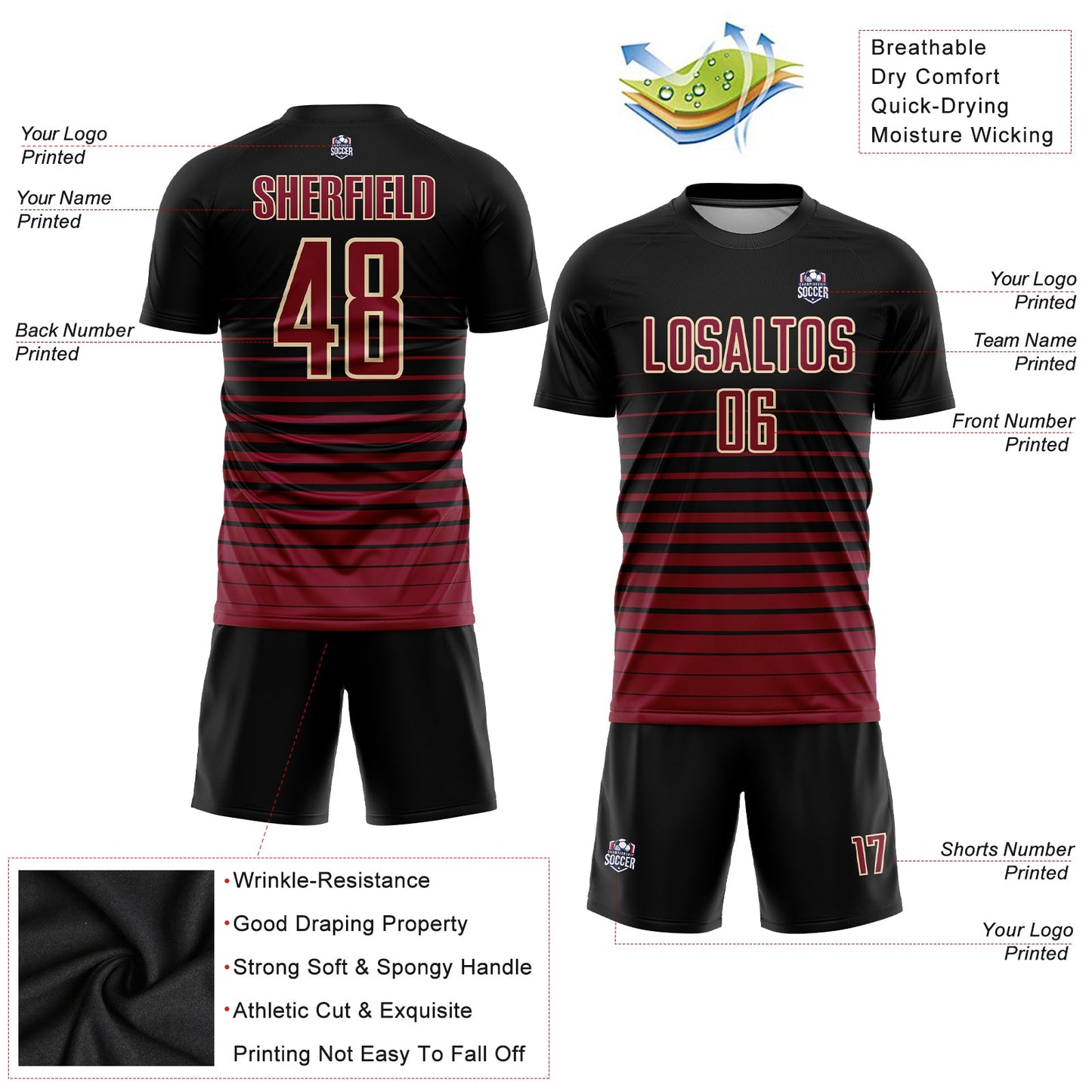 Custom Black Maroon-Cream Pinstripe Fade Fashion Sublimation Soccer Uniform Jersey view 3