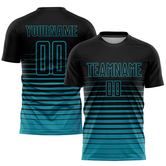 Custom Black Teal Pinstripe Fade Fashion Sublimation Soccer Uniform Jersey - Main View