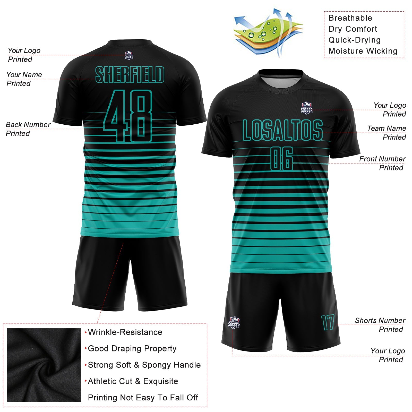 Custom Black Aqua Pinstripe Fade Fashion Sublimation Soccer Uniform Jersey view 3