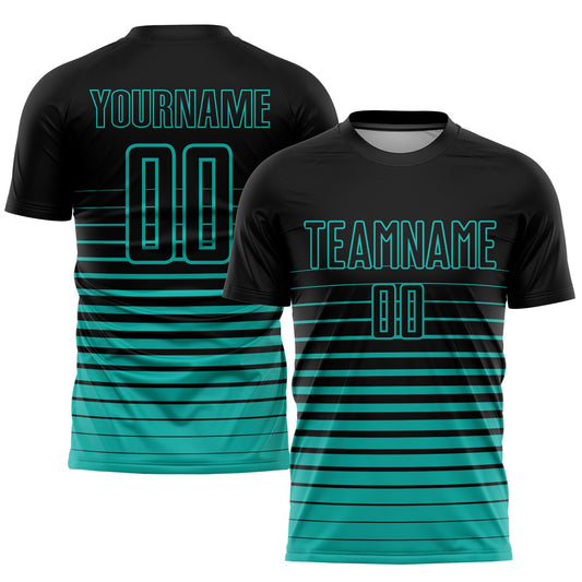 Custom Black Aqua Pinstripe Fade Fashion Sublimation Soccer Uniform Jersey - Main View