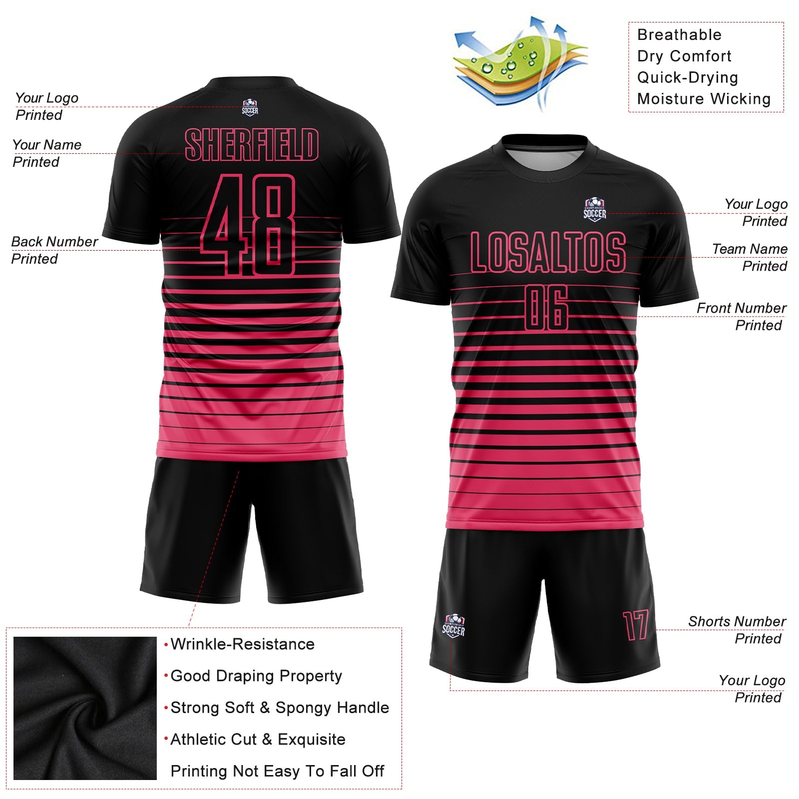 Custom Black Neon Pink Pinstripe Fade Fashion Sublimation Soccer Uniform Jersey view 3