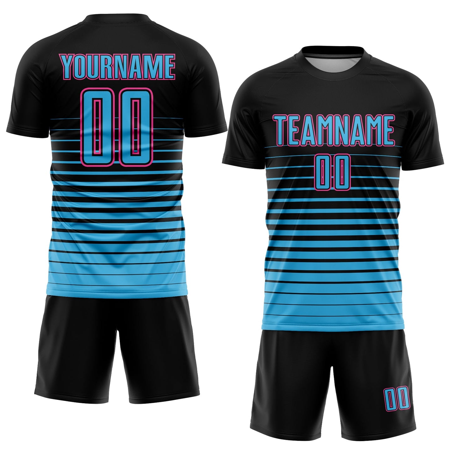 Custom Black Sky Blue-Pink Pinstripe Fade Fashion Sublimation Soccer Uniform Jersey view 2