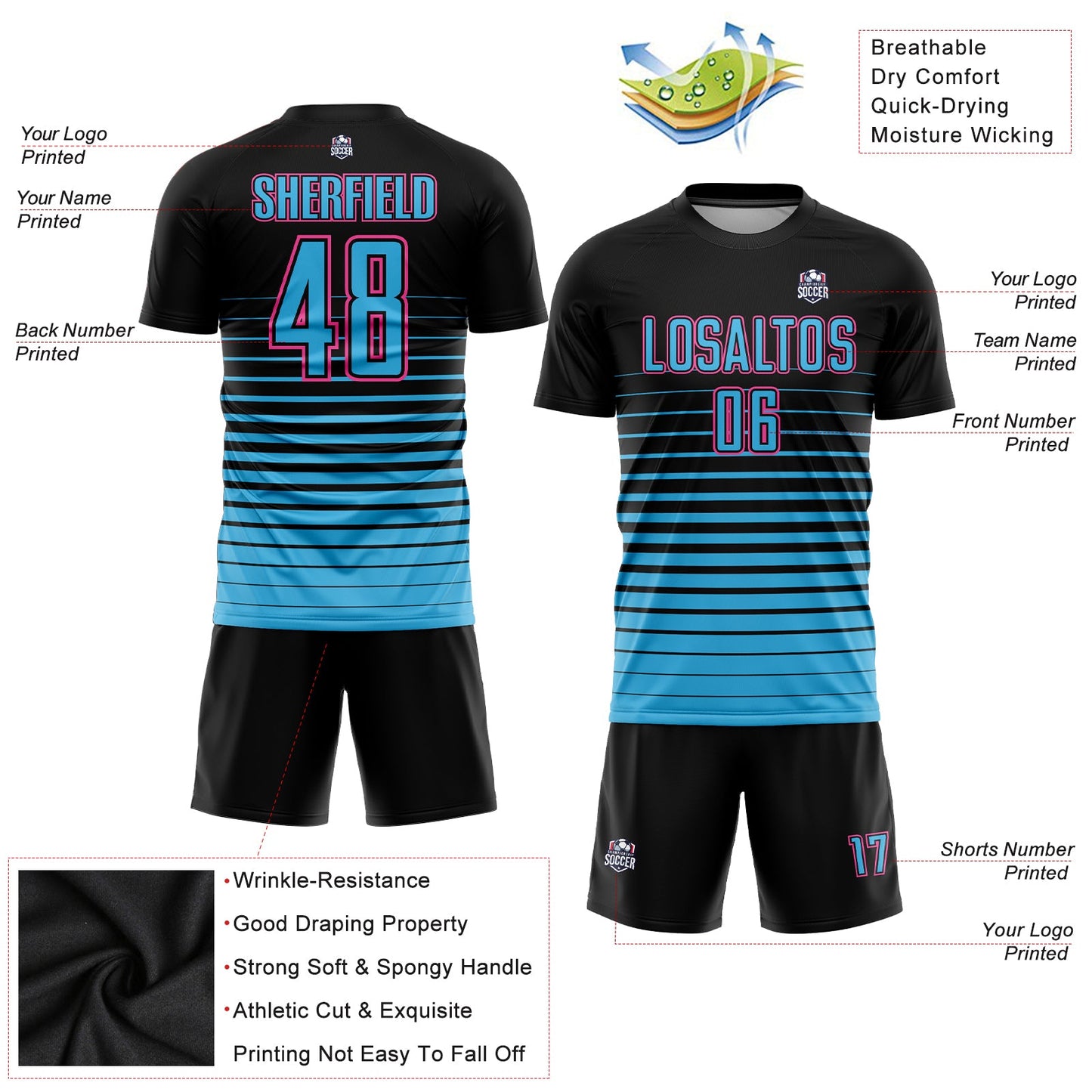 Custom Black Sky Blue-Pink Pinstripe Fade Fashion Sublimation Soccer Uniform Jersey view 3