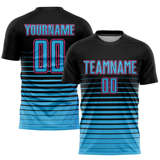 Custom Black Sky Blue-Pink Pinstripe Fade Fashion Sublimation Soccer Uniform Jersey - Main View