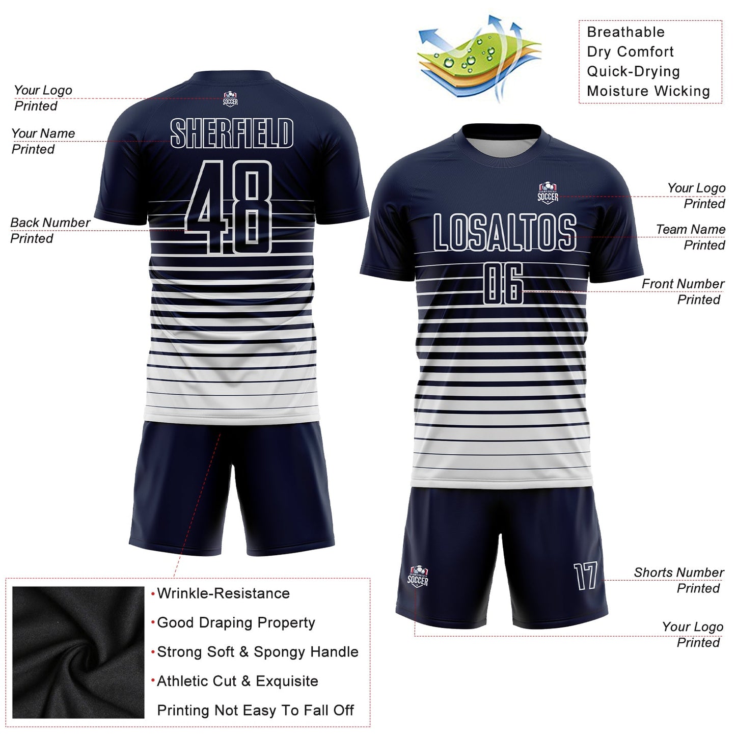 Custom Navy White Pinstripe Fade Fashion Sublimation Soccer Uniform Jersey view 3