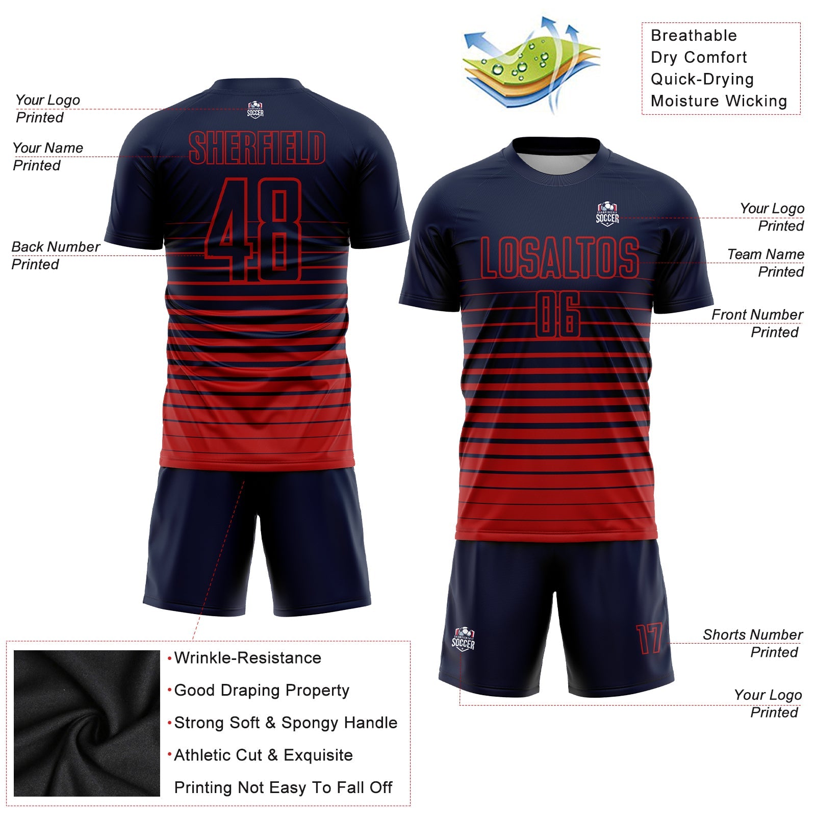 Custom Navy Red Pinstripe Fade Fashion Sublimation Soccer Uniform Jersey view 3