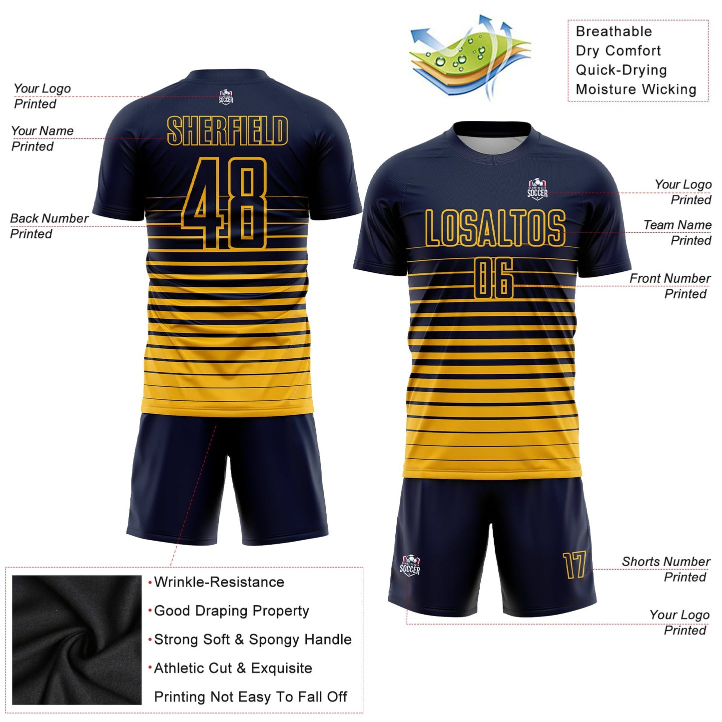 Custom Navy Gold Pinstripe Fade Fashion Sublimation Soccer Uniform Jersey view 3