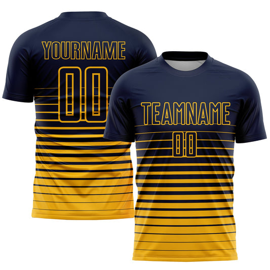 Custom Navy Gold Pinstripe Fade Fashion Sublimation Soccer Uniform Jersey - Main View