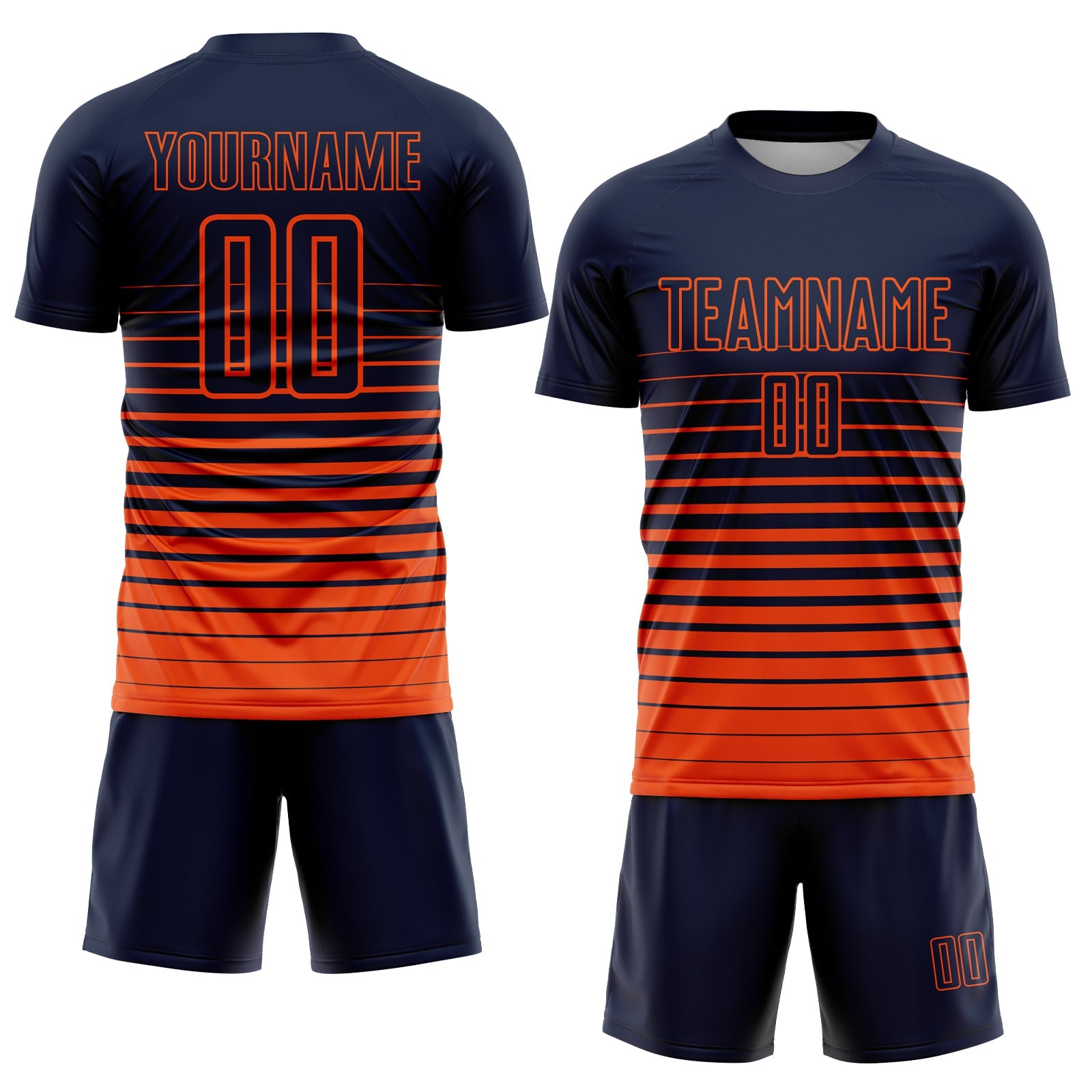 Custom Navy Orange Pinstripe Fade Fashion Sublimation Soccer Uniform Jersey view 2