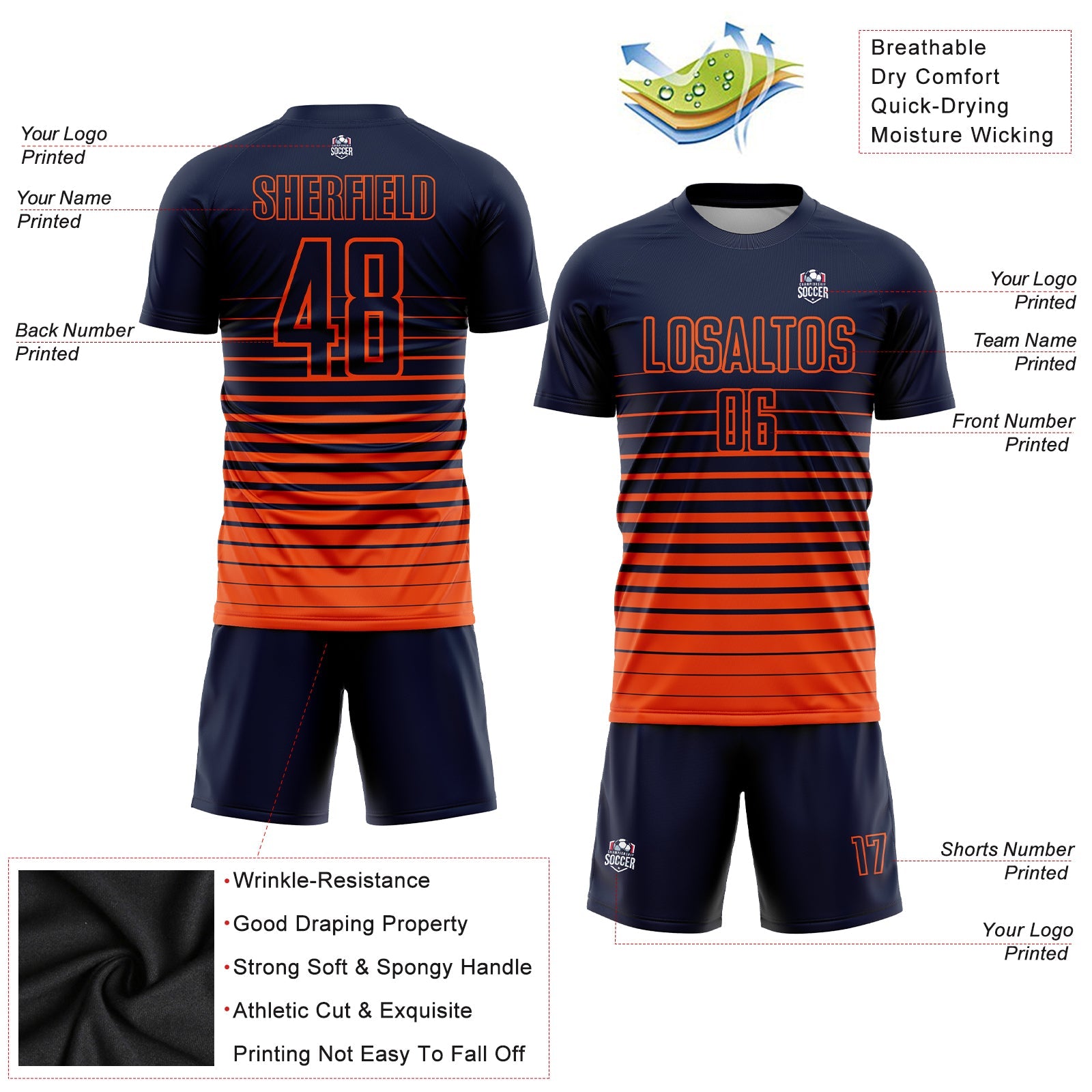 Custom Navy Orange Pinstripe Fade Fashion Sublimation Soccer Uniform Jersey view 3