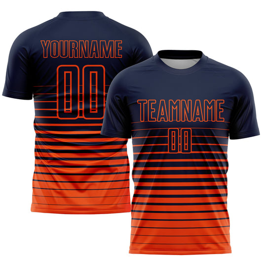 Custom Navy Orange Pinstripe Fade Fashion Sublimation Soccer Uniform Jersey - Main View
