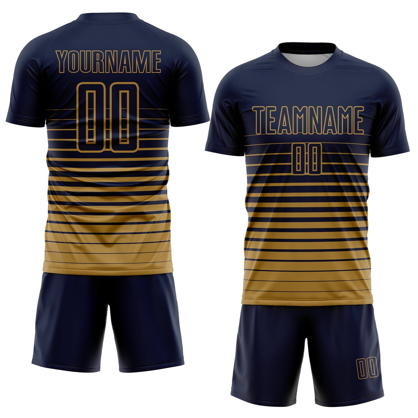 Custom Navy Old Gold Pinstripe Fade Fashion Sublimation Soccer Uniform Jersey view 2