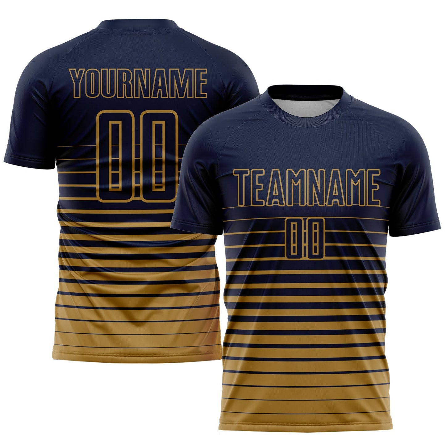Custom Navy Old Gold Pinstripe Fade Fashion Sublimation Soccer Uniform Jersey - Main View