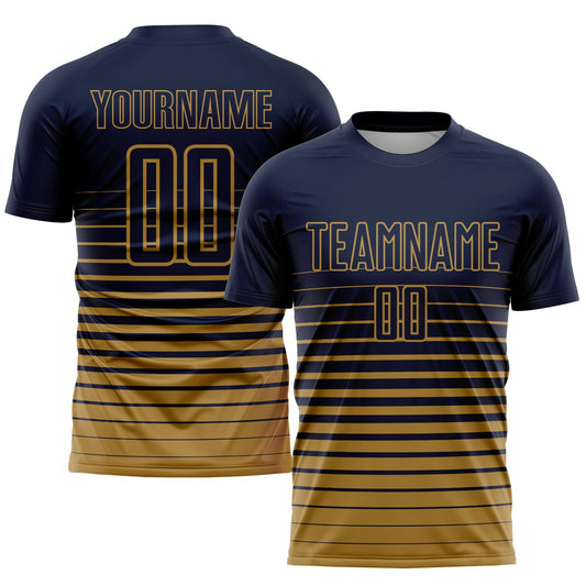 Custom Navy Old Gold Pinstripe Fade Fashion Sublimation Soccer Uniform Jersey - Main View