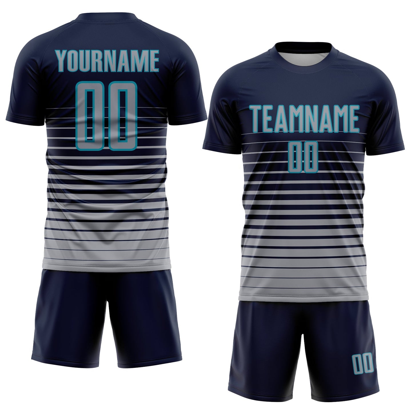 Custom Navy Gray-Teal Pinstripe Fade Fashion Sublimation Soccer Uniform Jersey view 2