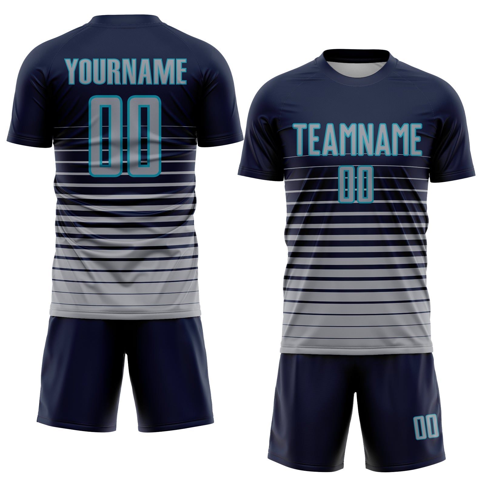 Custom Navy Gray-Teal Pinstripe Fade Fashion Sublimation Soccer Uniform Jersey view 2