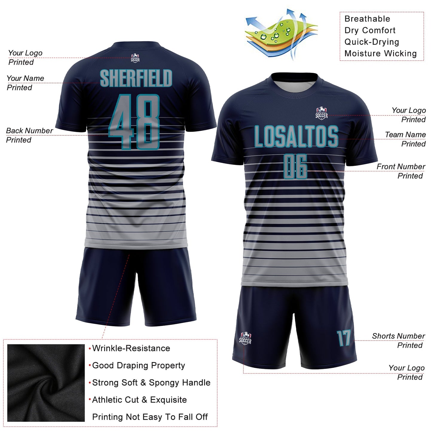 Custom Navy Gray-Teal Pinstripe Fade Fashion Sublimation Soccer Uniform Jersey view 3