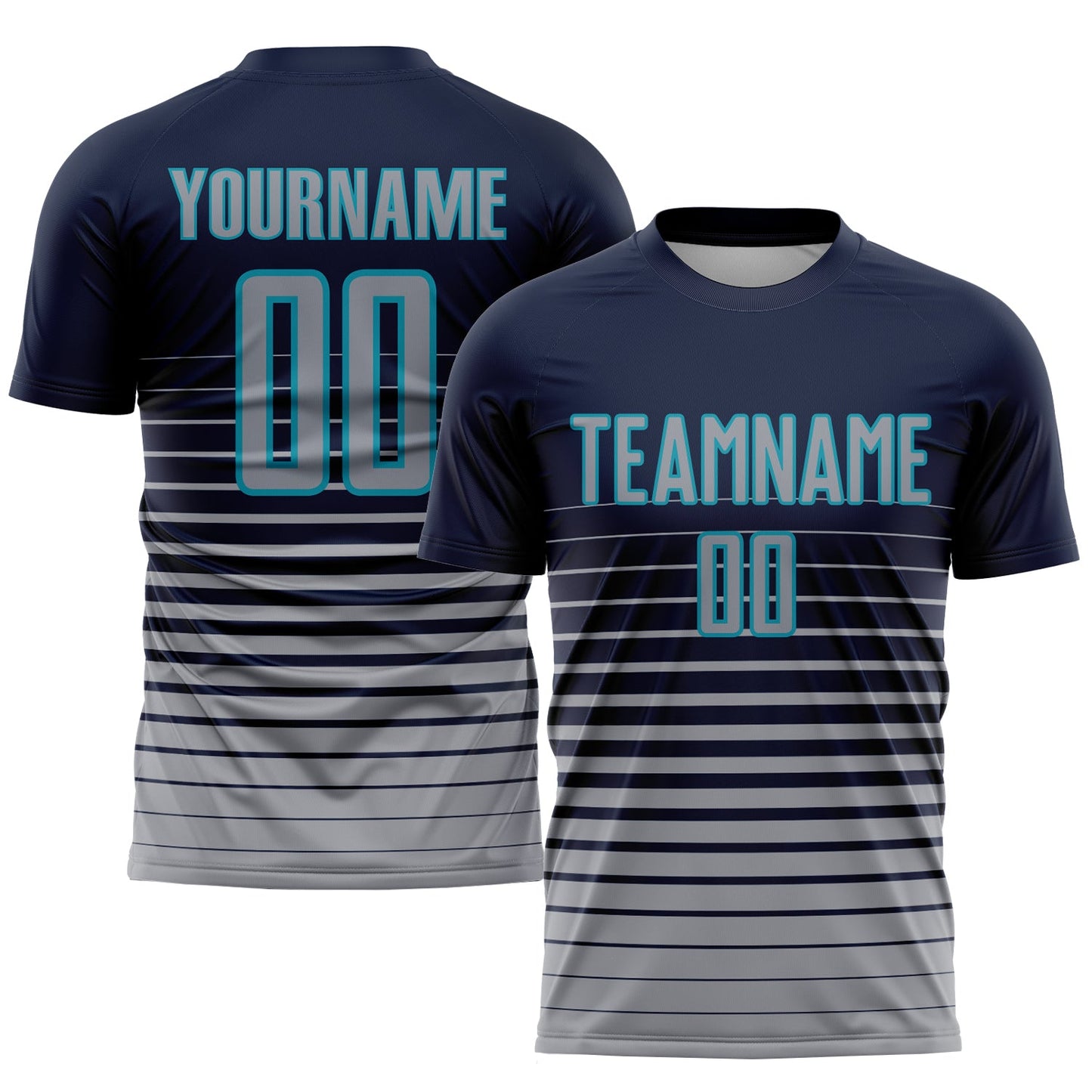Custom Navy Gray-Teal Pinstripe Fade Fashion Sublimation Soccer Uniform Jersey - Main View