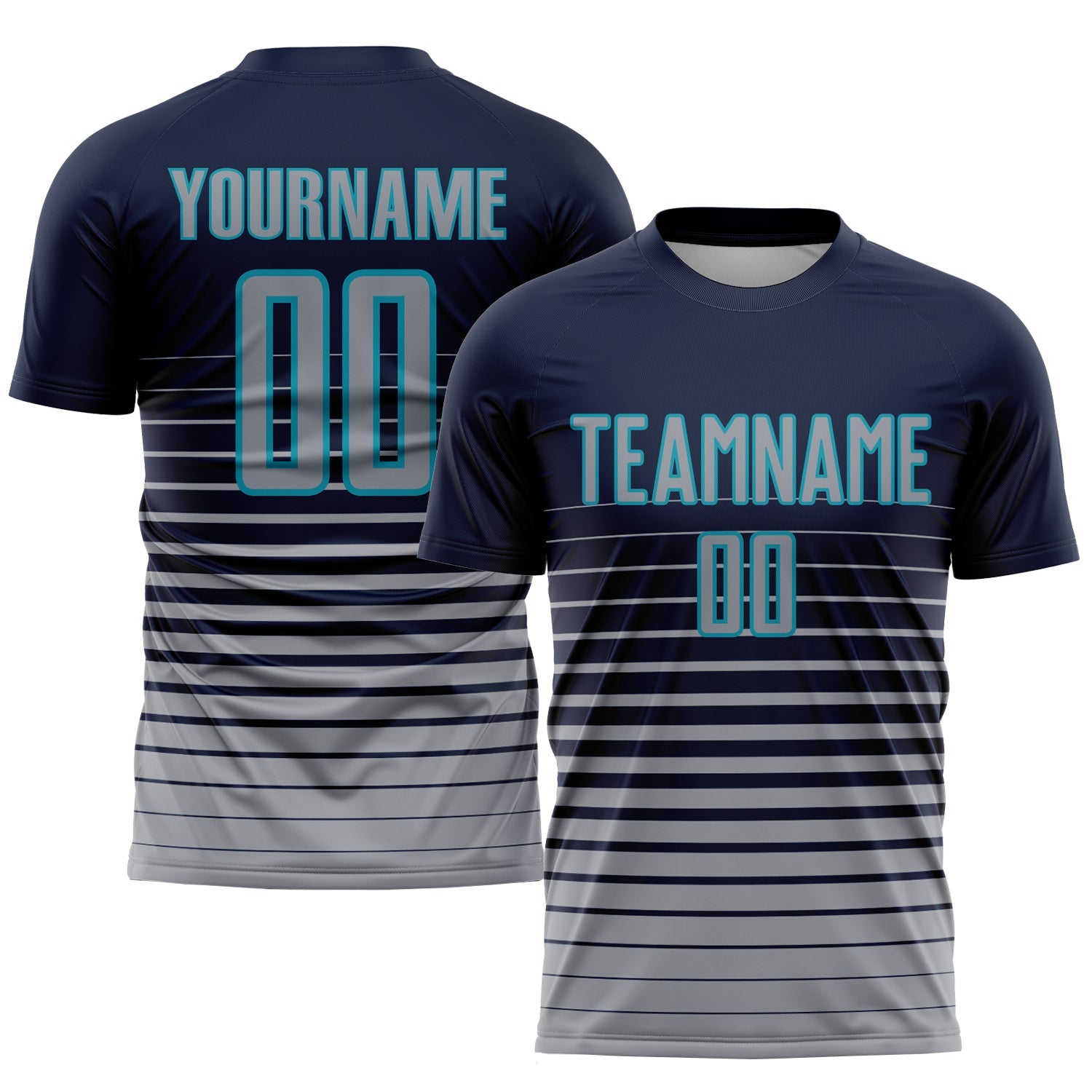 Custom Navy Gray-Teal Pinstripe Fade Fashion Sublimation Soccer Uniform Jersey - Main View