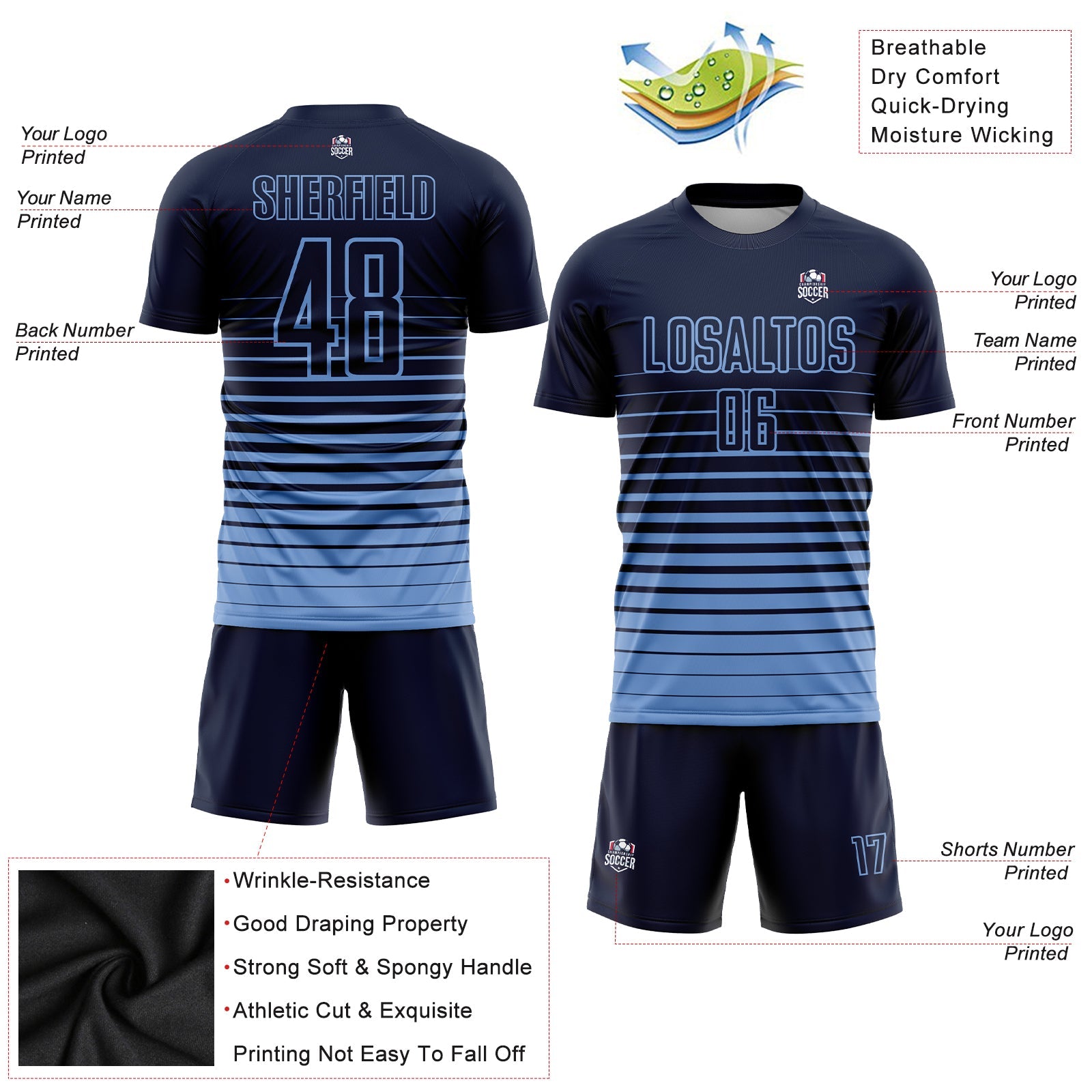 Custom Navy Light Blue Pinstripe Fade Fashion Sublimation Soccer Uniform Jersey view 3
