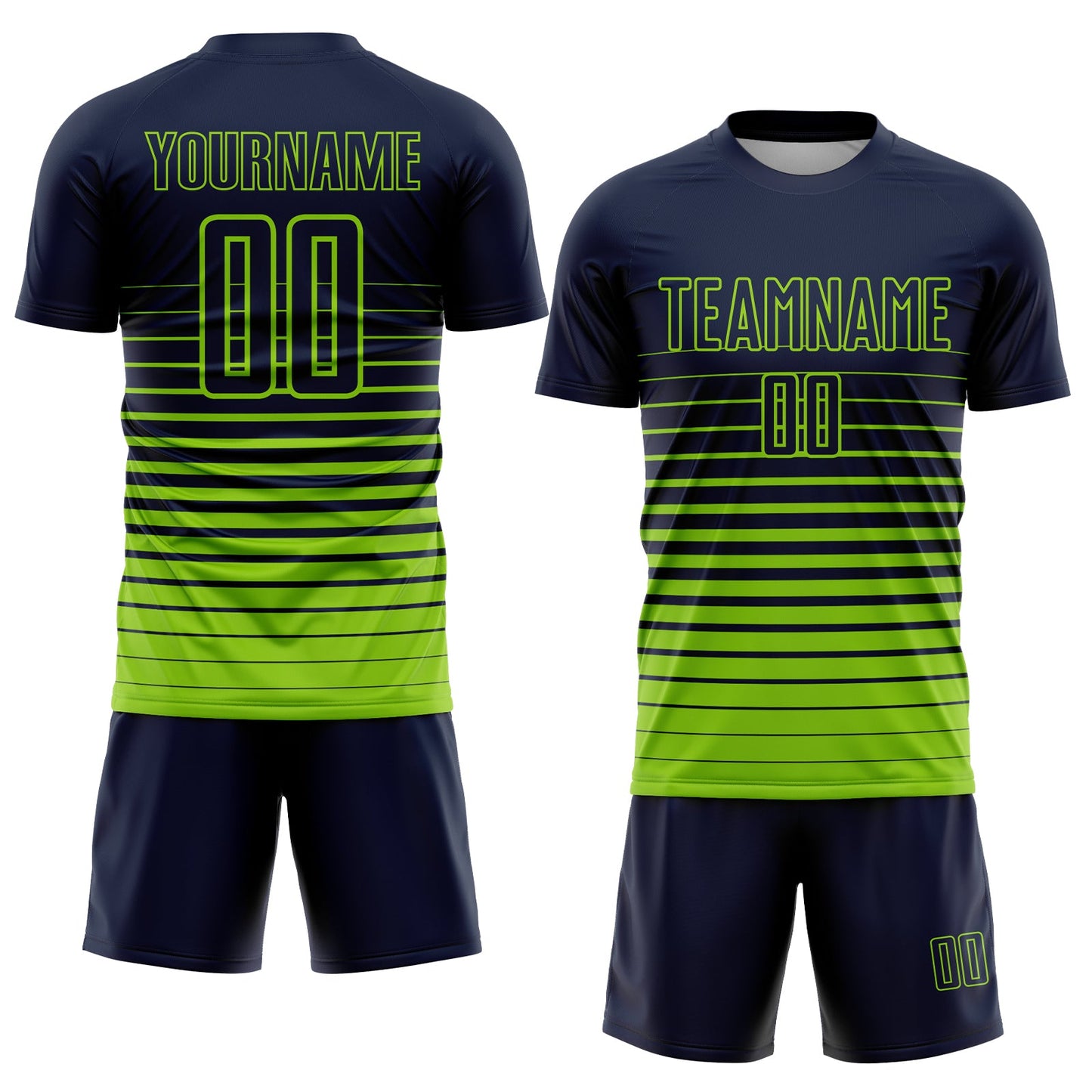 Custom Navy Neon Green Pinstripe Fade Fashion Sublimation Soccer Uniform Jersey view 2