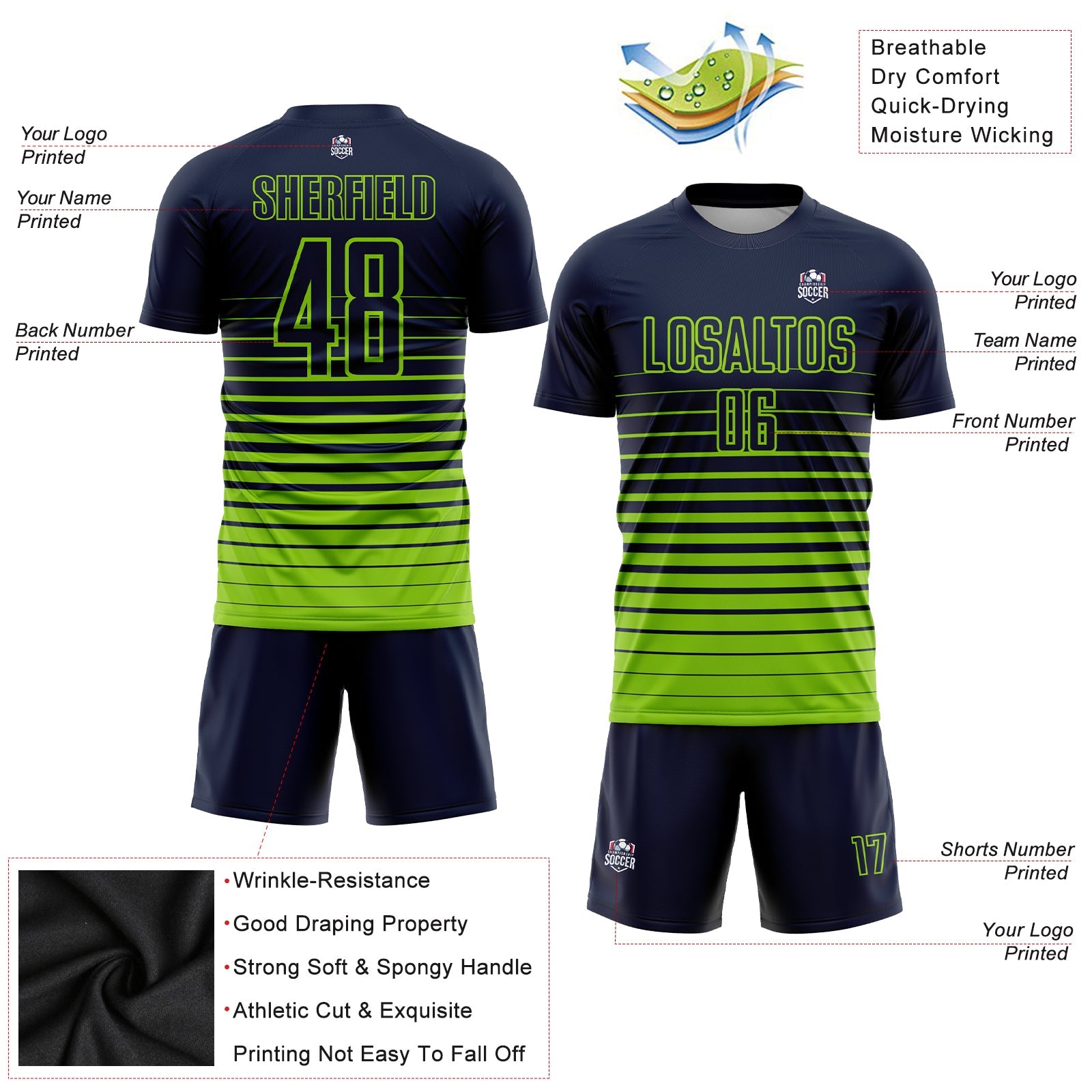 Custom Navy Neon Green Pinstripe Fade Fashion Sublimation Soccer Uniform Jersey view 3