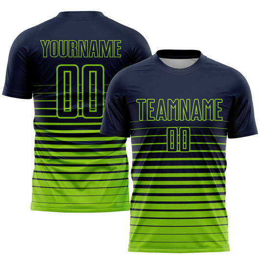 Custom Navy Neon Green Pinstripe Fade Fashion Sublimation Soccer Uniform Jersey - Main View