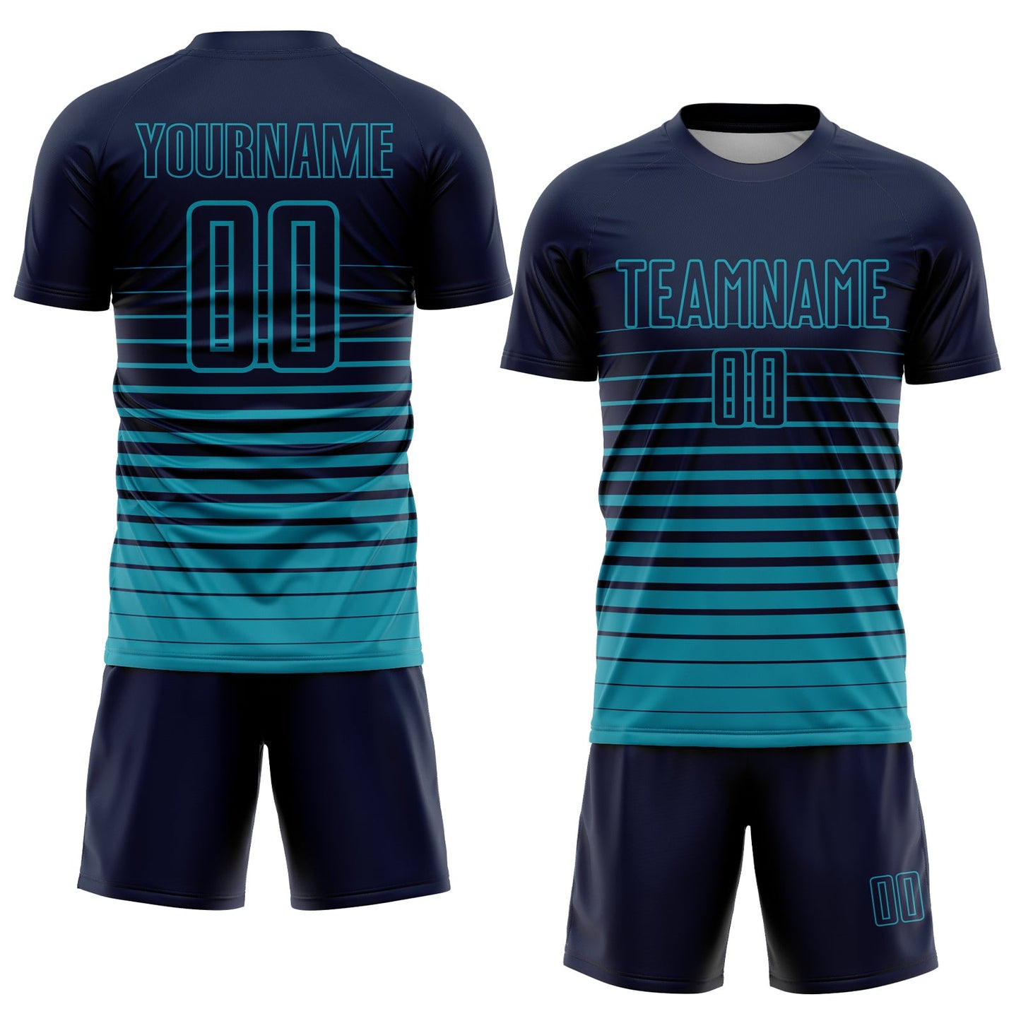 Custom Navy Teal Pinstripe Fade Fashion Sublimation Soccer Uniform Jersey view 2