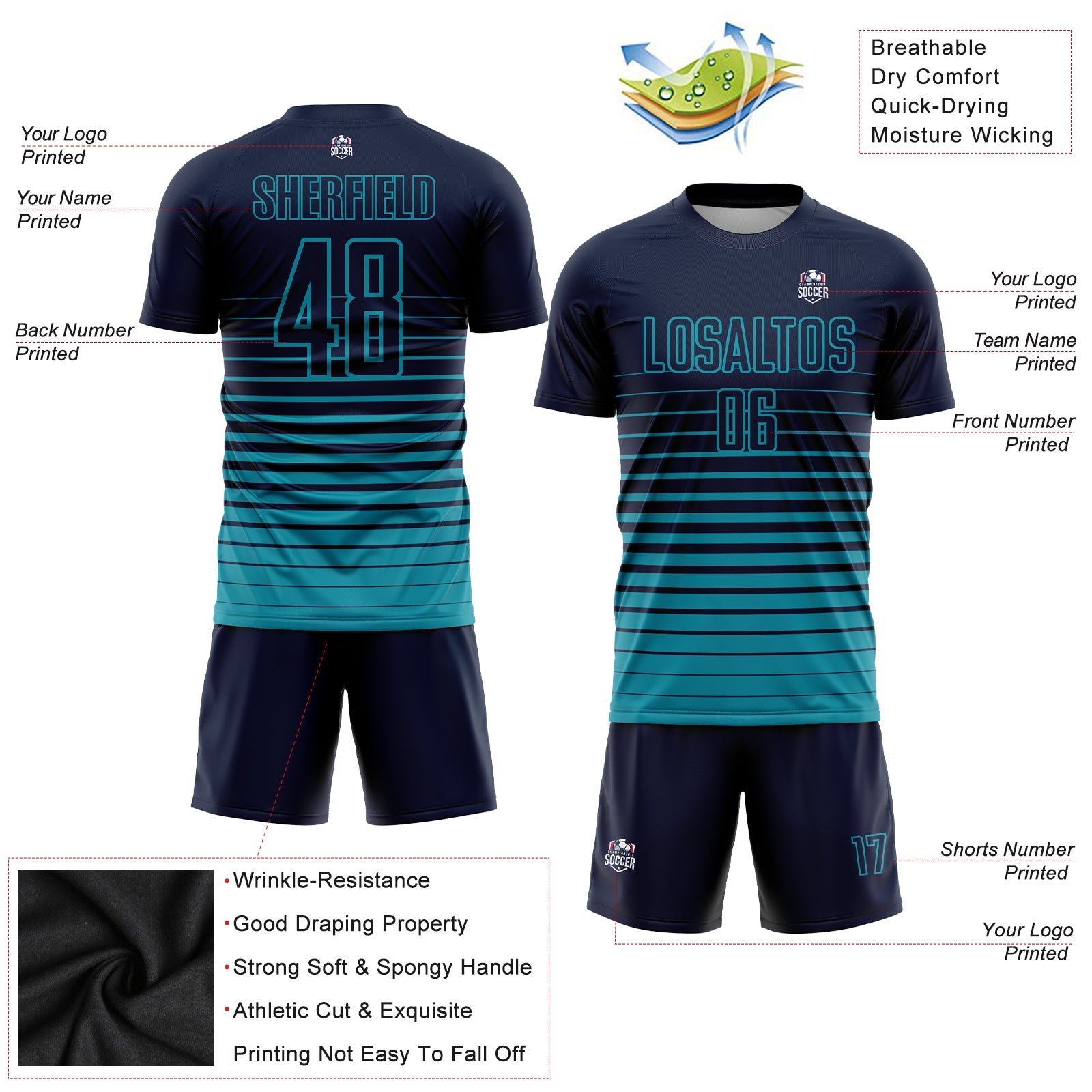 Custom Navy Teal Pinstripe Fade Fashion Sublimation Soccer Uniform Jersey view 3