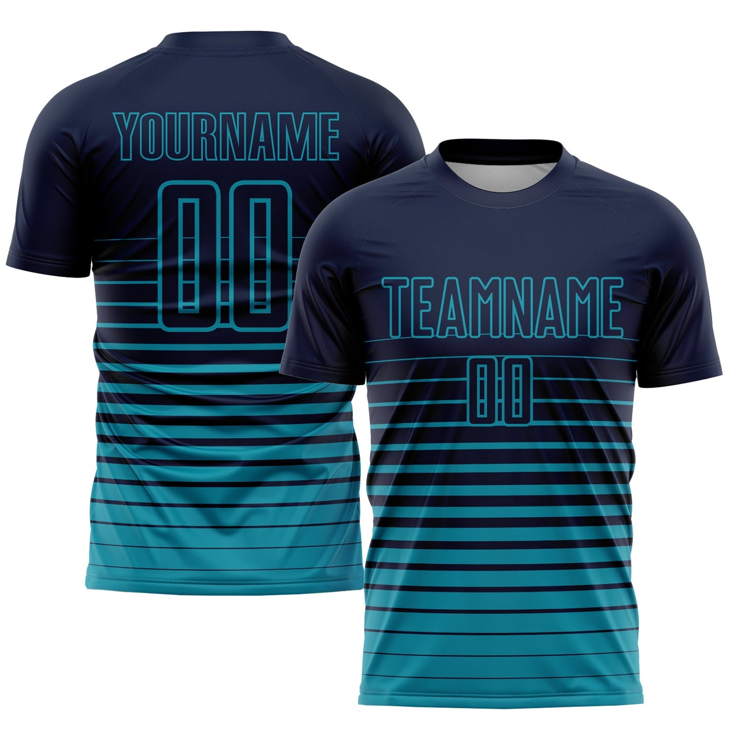 Custom Navy Teal Pinstripe Fade Fashion Sublimation Soccer Uniform Jersey - Main View