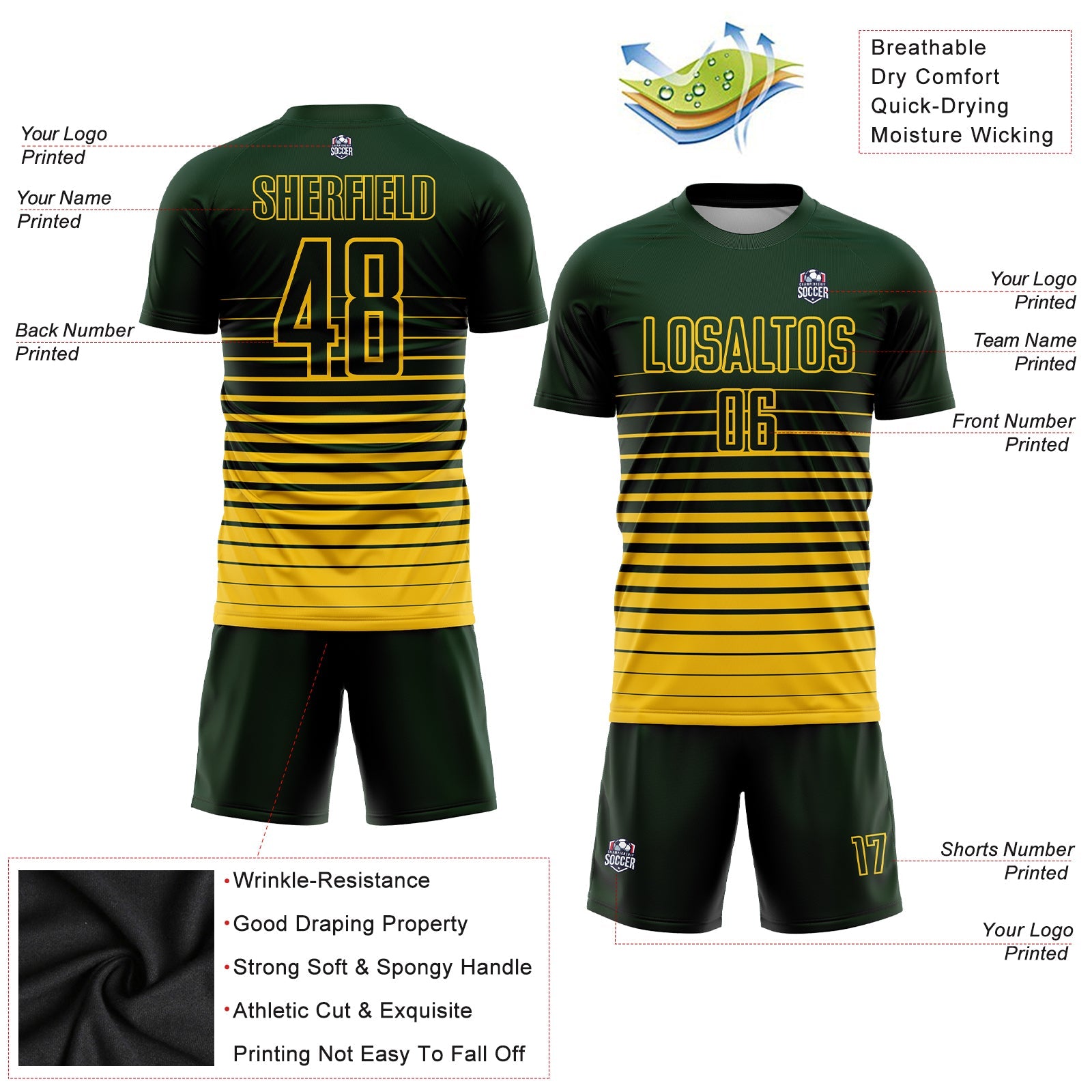 Custom Green Yellow Pinstripe Fade Fashion Sublimation Soccer Uniform Jersey view 3