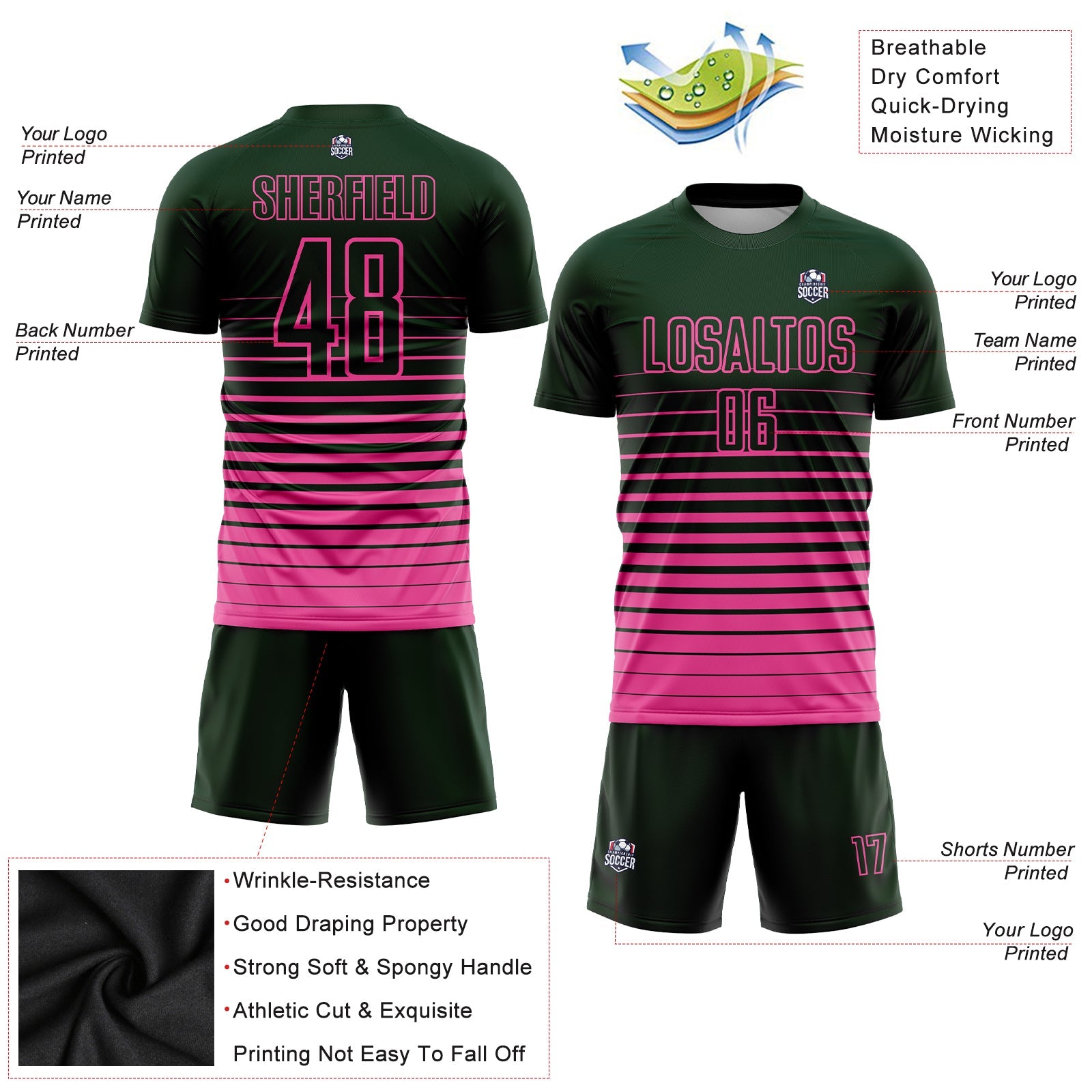 Custom Green Pink Pinstripe Fade Fashion Sublimation Soccer Uniform Jersey view 3