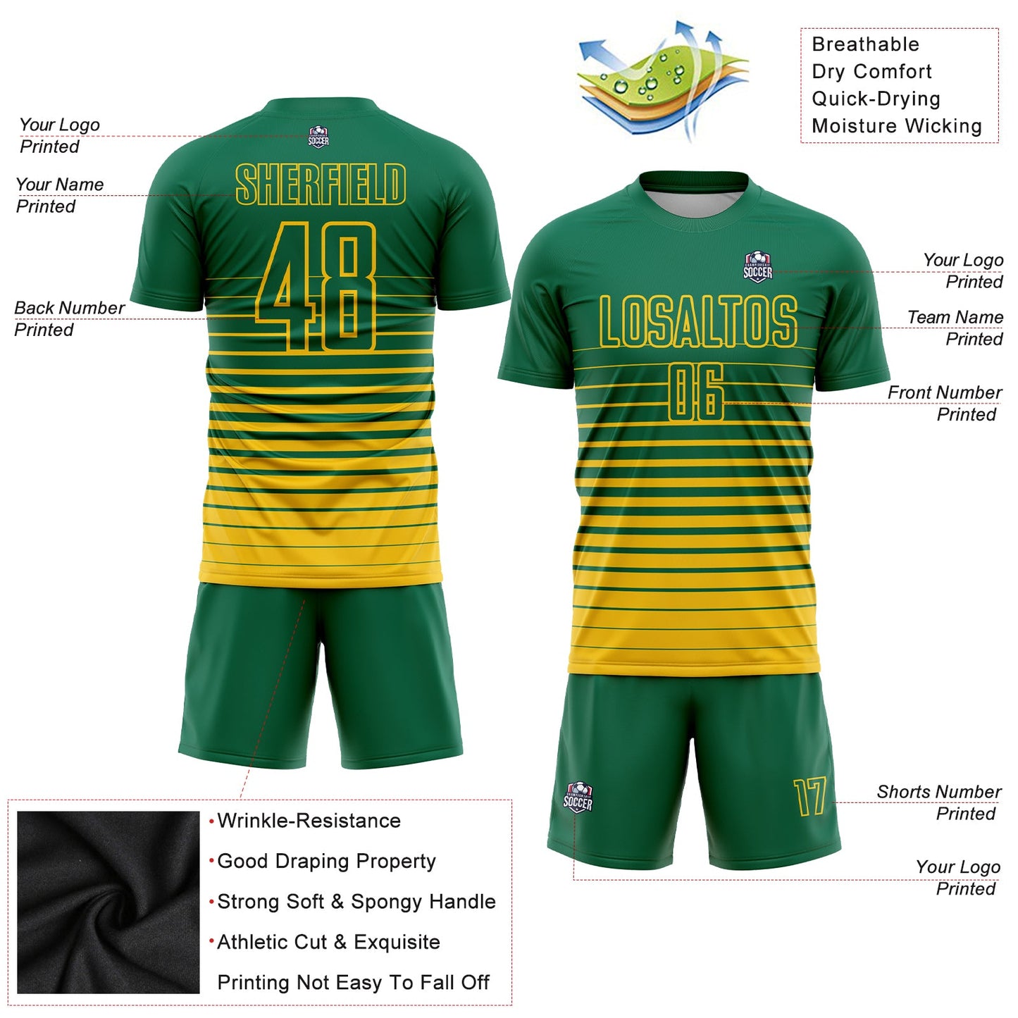 Custom Kelly Green Yellow Pinstripe Fade Fashion Sublimation Soccer Uniform Jersey view 3