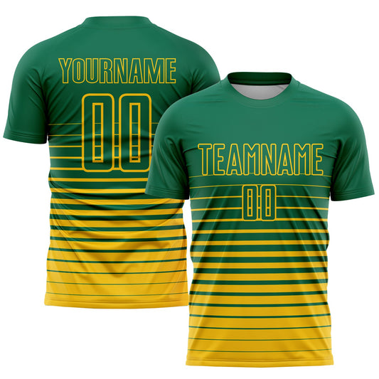 Custom Kelly Green Yellow Pinstripe Fade Fashion Sublimation Soccer Uniform Jersey - Main View