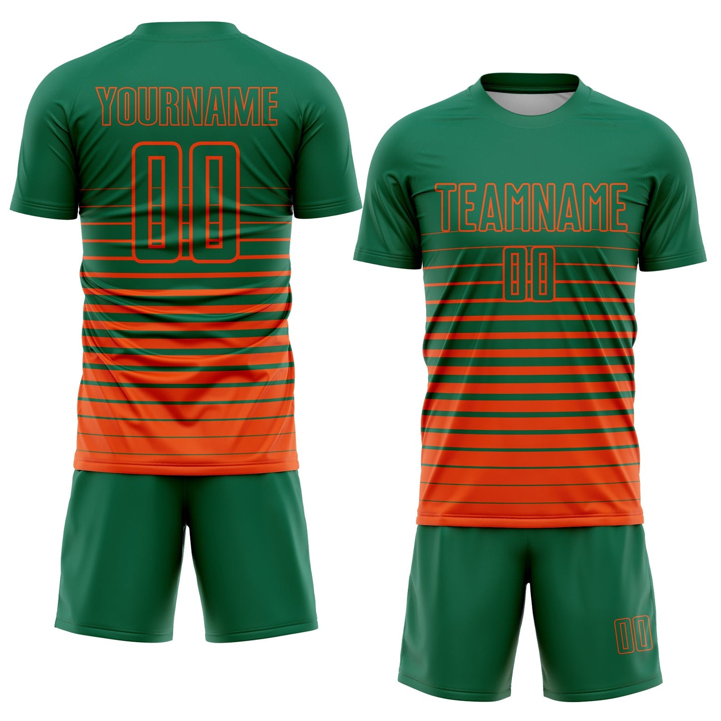 Custom Kelly Green Orange Pinstripe Fade Fashion Sublimation Soccer Uniform Jersey view 2