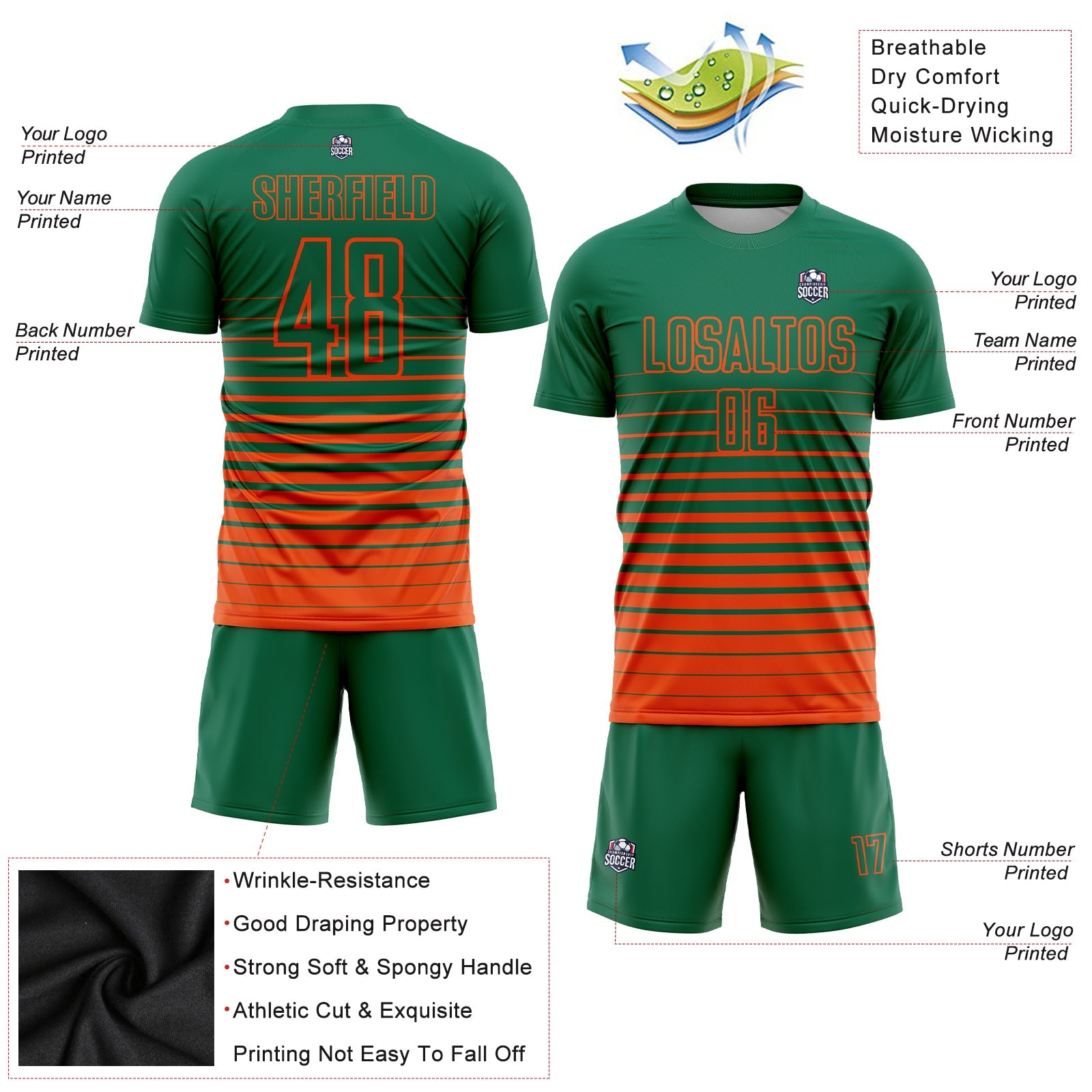 Custom Kelly Green Orange Pinstripe Fade Fashion Sublimation Soccer Uniform Jersey view 3